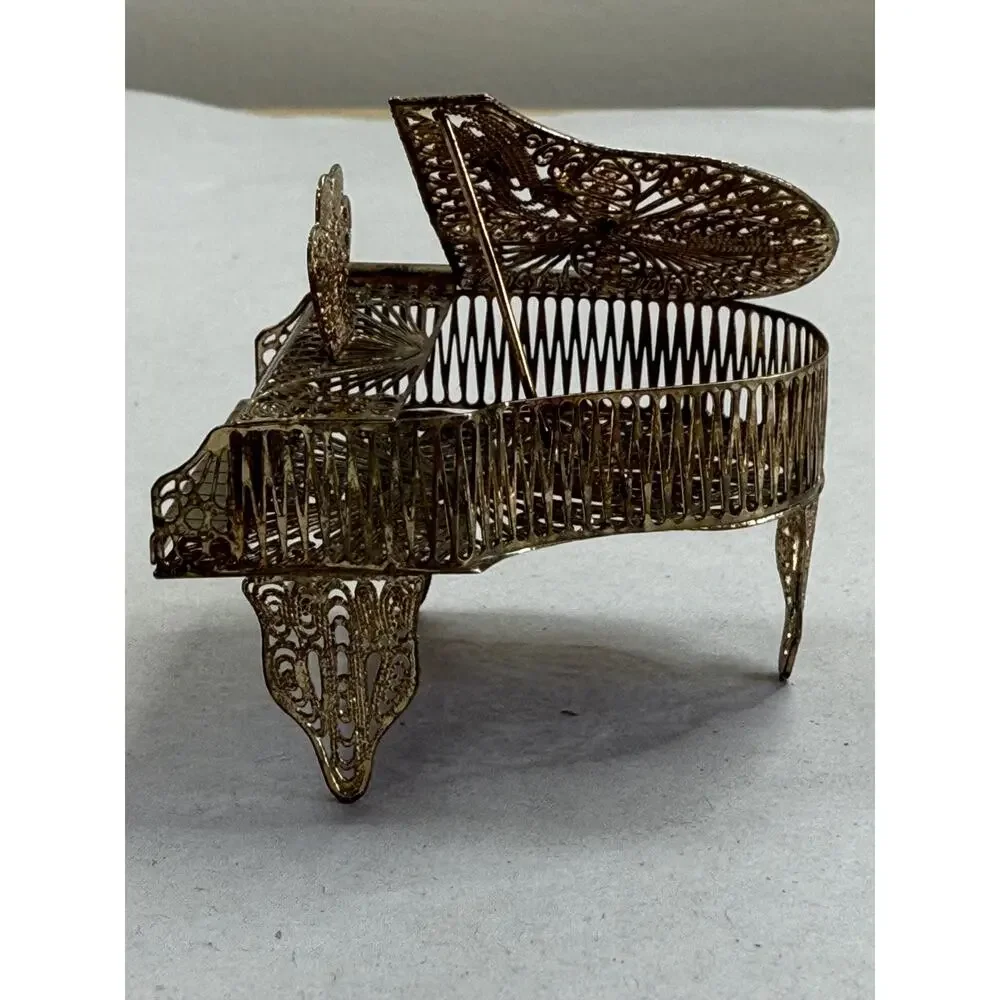Vintage Silver Filigree Miniature Grand Piano, Wirework Trinket Box, Collectible